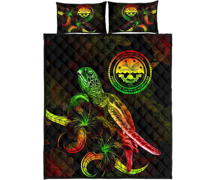 Federated States of Micronesia Polynesian Quilt Bed Set - Turtle With Blooming Hibiscus Reggae