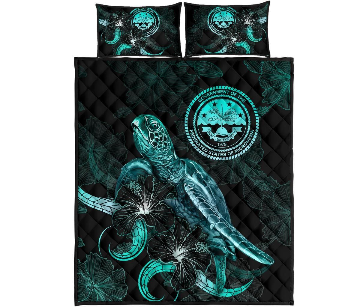 Federated States of Micronesia Polynesian Quilt Bed Set - Turtle With Blooming Hibiscus Turquoise