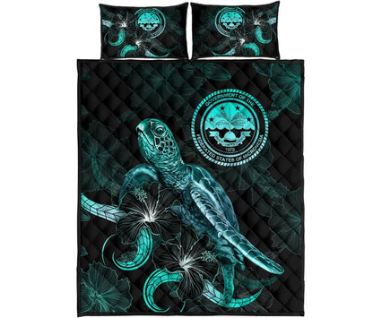Federated States of Micronesia Polynesian Quilt Bed Set - Turtle With Blooming Hibiscus Turquoise