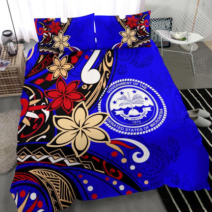 Federated States Of Micronesia Bedding Set - Tribal Flower With Special Turtles Blue Color