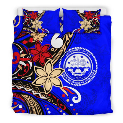 Federated States Of Micronesia Bedding Set - Tribal Flower With Special Turtles Blue Color