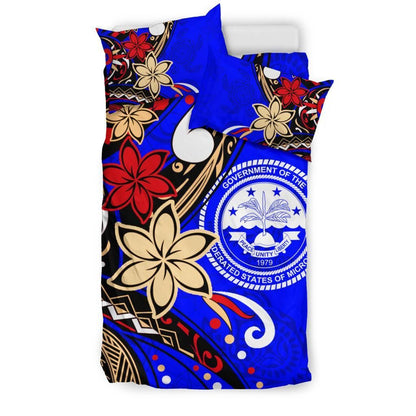 Federated States Of Micronesia Bedding Set - Tribal Flower With Special Turtles Blue Color