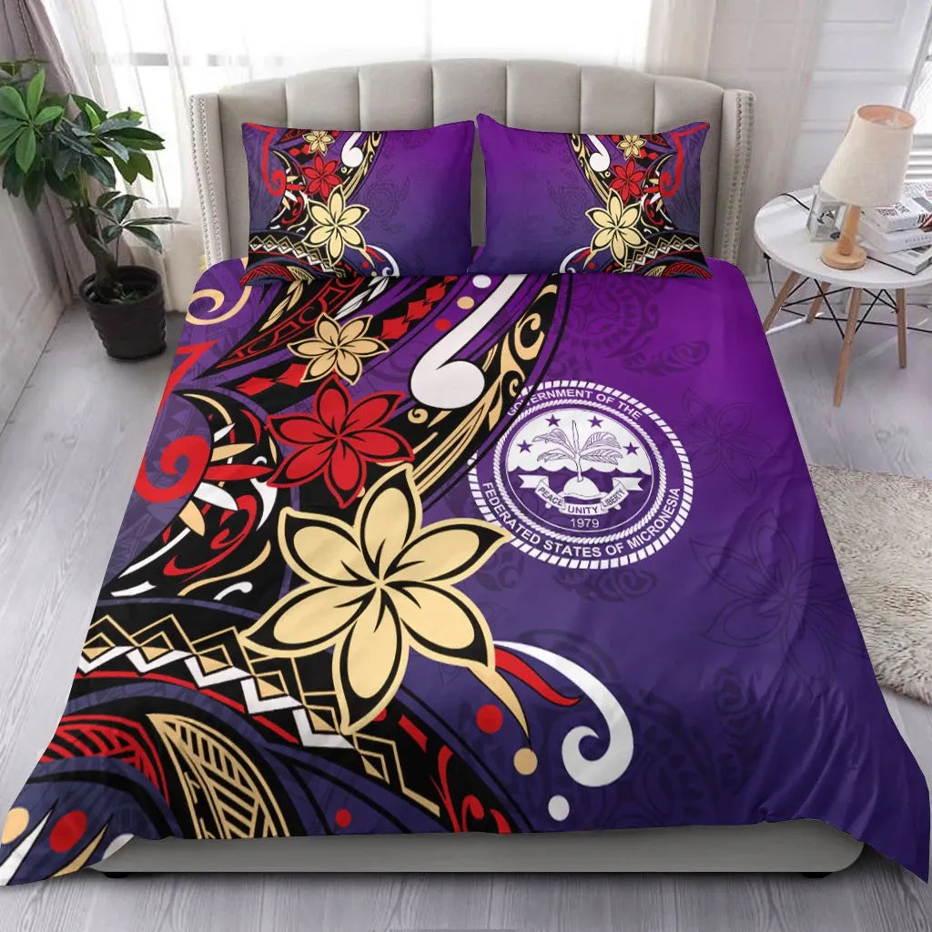 Federated States Of Micronesia Bedding Set - Tribal Flower With Special Turtles Purple Color