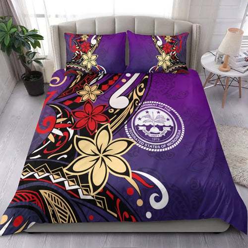 Federated States Of Micronesia Bedding Set - Tribal Flower With Special Turtles Purple Color