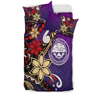 Federated States Of Micronesia Bedding Set - Tribal Flower With Special Turtles Purple Color