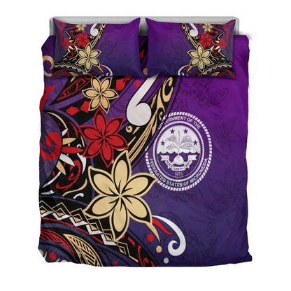 Federated States Of Micronesia Bedding Set - Tribal Flower With Special Turtles Purple Color