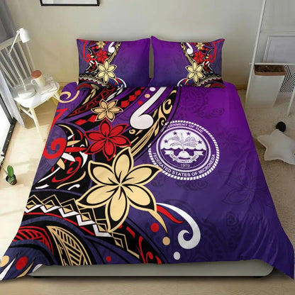 Federated States Of Micronesia Bedding Set - Tribal Flower With Special Turtles Purple Color
