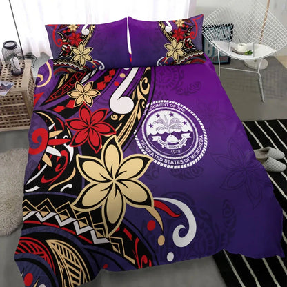 Federated States Of Micronesia Bedding Set - Tribal Flower With Special Turtles Purple Color