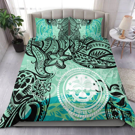 Federated States Of Micronesia Bedding Set - Vintage Floral Pattern Green Color