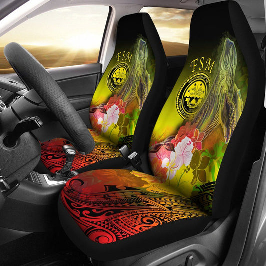 Federated States of Micronesia Car Seat Covers - Humpback Whale with Tropical Flowers (Yellow)