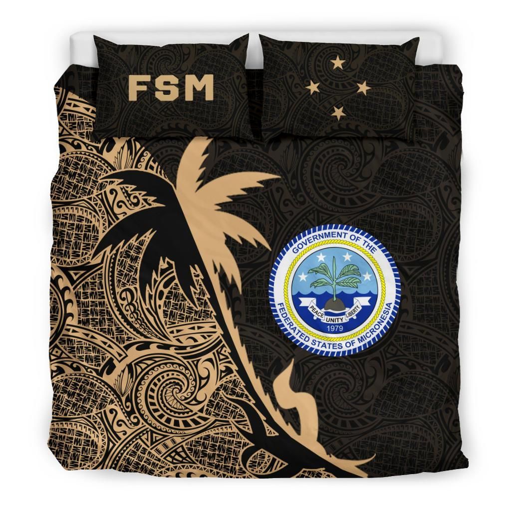 Federated States Of Micronesia Duvet Cover Set - Federated States Of Micronesia Coat Of Arms & Coconut Tree Gold