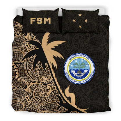 Federated States Of Micronesia Duvet Cover Set - Federated States Of Micronesia Coat Of Arms & Coconut Tree Gold