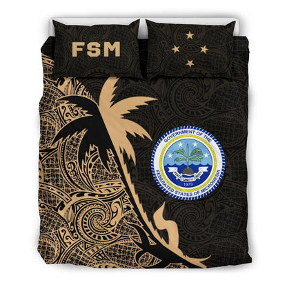 Federated States Of Micronesia Duvet Cover Set - Federated States Of Micronesia Coat Of Arms & Coconut Tree Gold