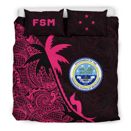Federated States Of Micronesia Duvet Cover Set - Federated States Of Micronesia Coat Of Arms & Coconut Tree Pink