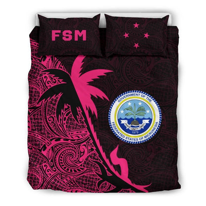 Federated States Of Micronesia Duvet Cover Set - Federated States Of Micronesia Coat Of Arms & Coconut Tree Pink