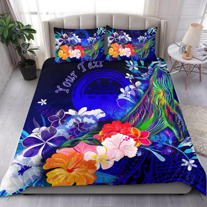 Federated States Of Micronesia Custom Personalised Bedding Set - Humpback Whale With Tropical Flowers (Blue)