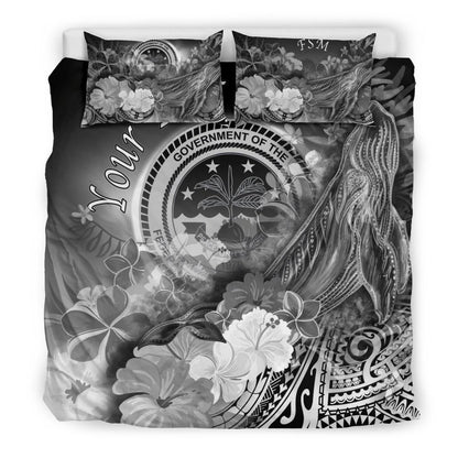 Federated States Of Micronesia Custom Personalised Bedding Set - Humpback Whale With Tropical Flowers (White)