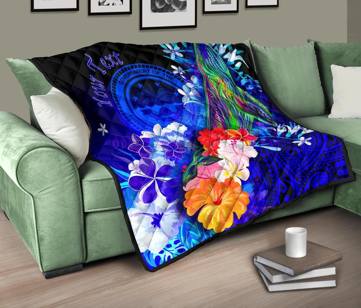 Federated States of Micronesia Custom Personalised Premium Quilt - Humpback Whale with Tropical Flowers (Blue)