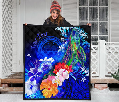 Federated States of Micronesia Custom Personalised Premium Quilt - Humpback Whale with Tropical Flowers (Blue)
