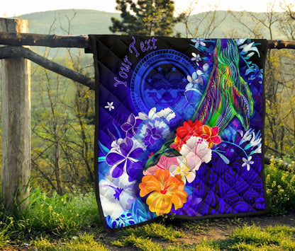 Federated States of Micronesia Custom Personalised Premium Quilt - Humpback Whale with Tropical Flowers (Blue)