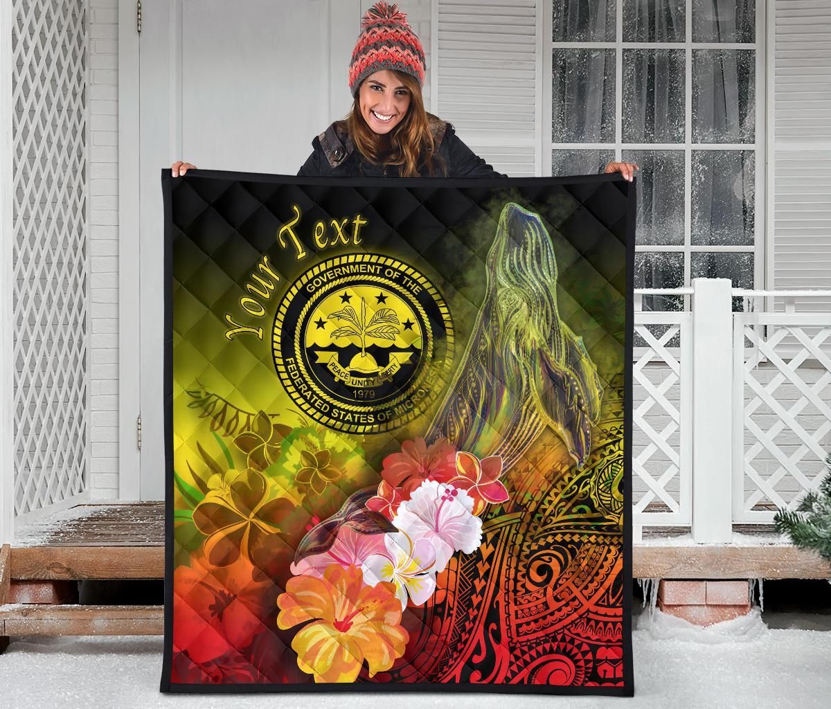 Federated States of Micronesia Custom Personalised Premium Quilts - Humpback Whale with Tropical Flowers (Yellow)