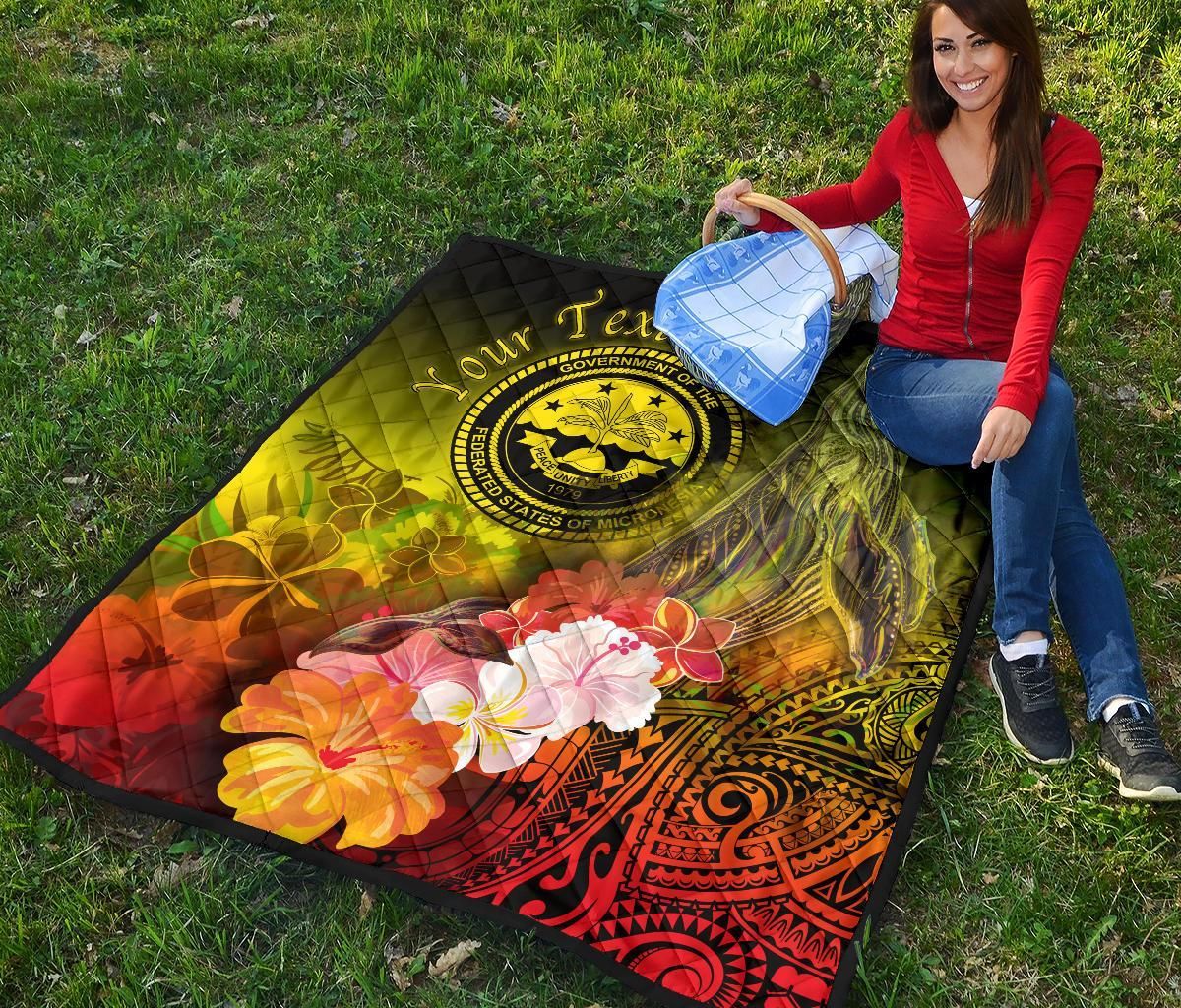 Federated States of Micronesia Custom Personalised Premium Quilts - Humpback Whale with Tropical Flowers (Yellow)