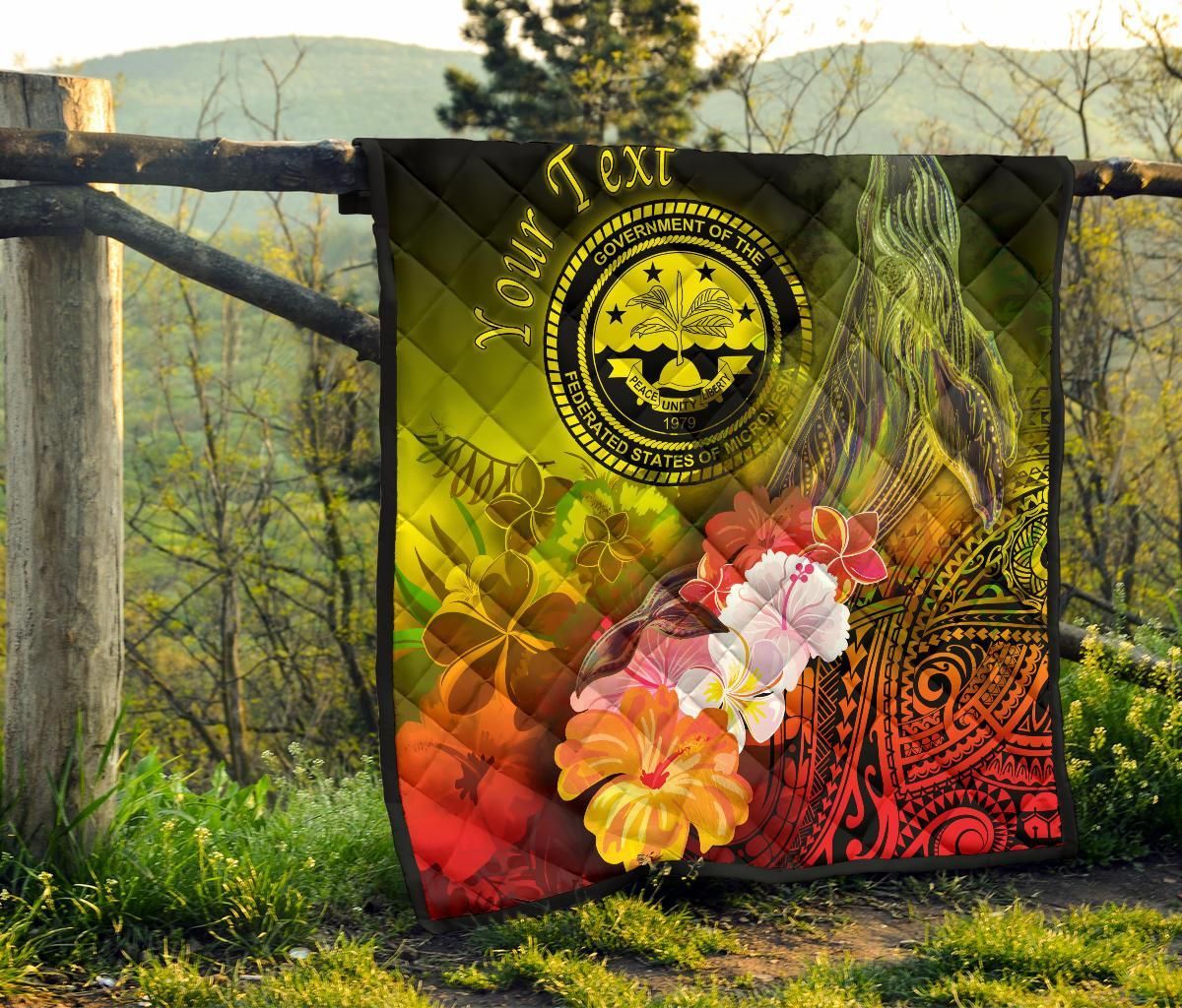 Federated States of Micronesia Custom Personalised Premium Quilts - Humpback Whale with Tropical Flowers (Yellow)