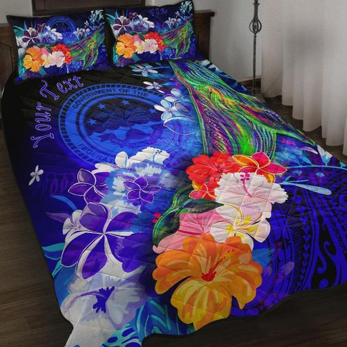 Federated States of Micronesia Custom Personalised Quilt Bed Set - Humpback Whale with Tropical Flowers (Blue)