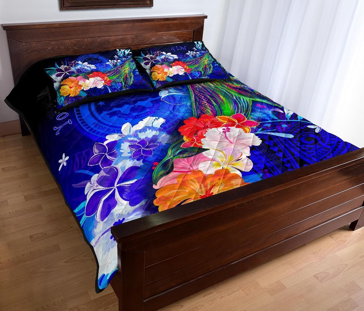 Federated States of Micronesia Custom Personalised Quilt Bed Set - Humpback Whale with Tropical Flowers (Blue)