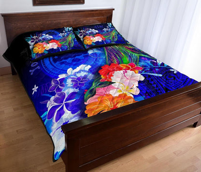 Federated States of Micronesia Custom Personalised Quilt Bed Set - Humpback Whale with Tropical Flowers (Blue)