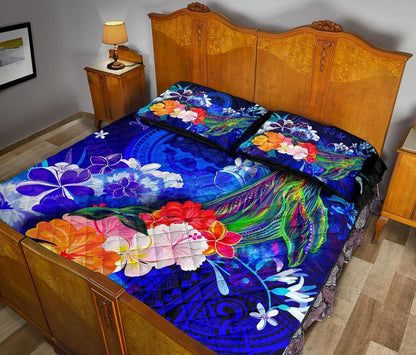 Federated States of Micronesia Custom Personalised Quilt Bed Set - Humpback Whale with Tropical Flowers (Blue)