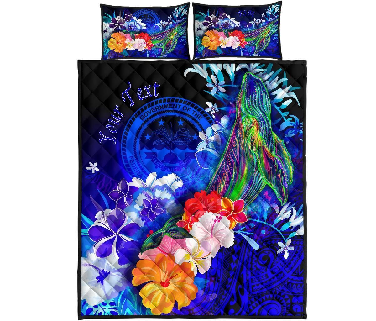 Federated States of Micronesia Custom Personalised Quilt Bed Set - Humpback Whale with Tropical Flowers (Blue)