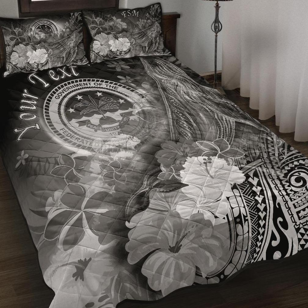 Federated States of Micronesia Custom Personalised Quilt Bed Sets - Humpback Whale with Tropical Flowers (White)