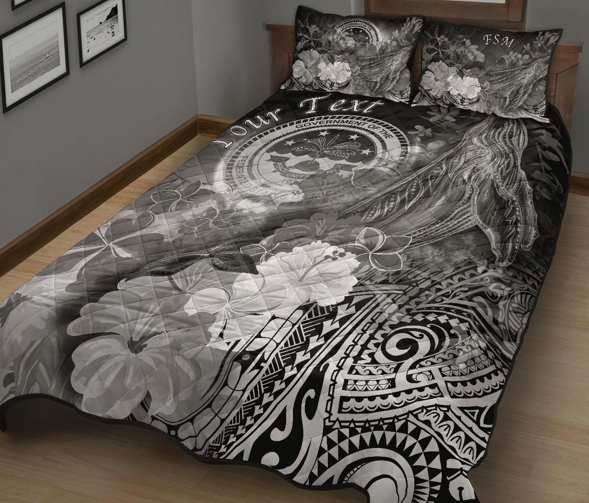 Federated States of Micronesia Custom Personalised Quilt Bed Sets - Humpback Whale with Tropical Flowers (White)