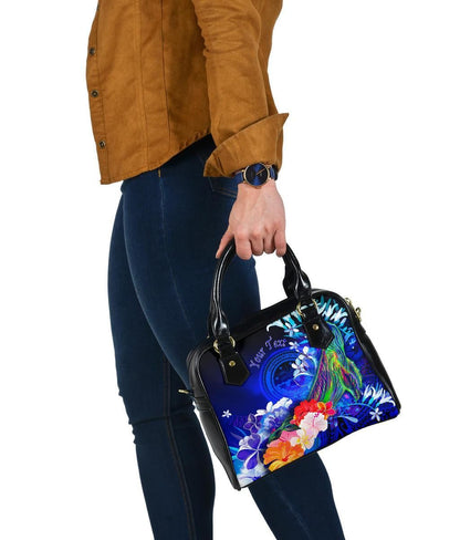 Federated States Of Micronesia Custom Personalised Shoulder Handbag - Humpback Whale With Tropical Flowers (Blue)