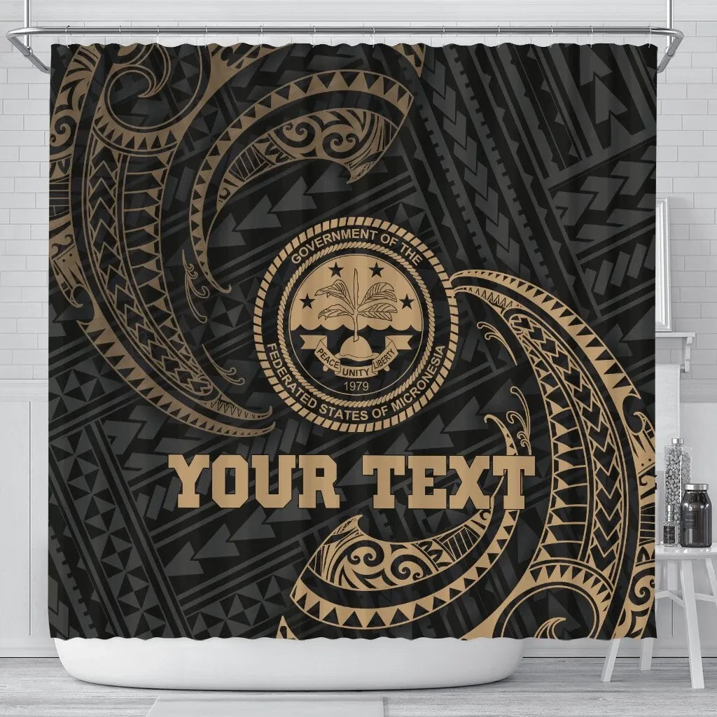 Federated States Of Micronesia Custom Personalised Shower Curtain - Gold Tribal Wave
