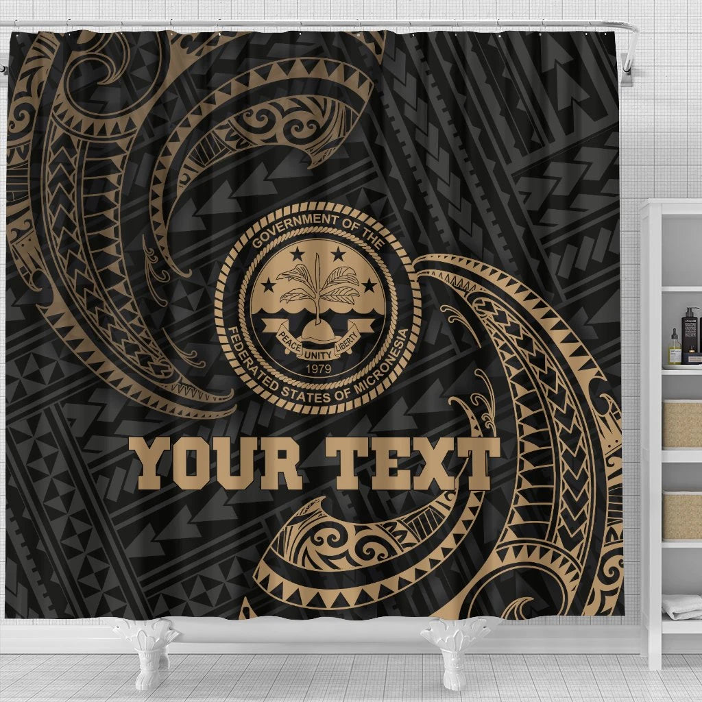 Federated States Of Micronesia Custom Personalised Shower Curtain - Gold Tribal Wave