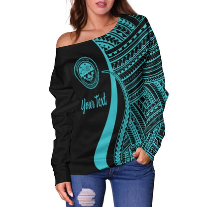 Federated States of Micronesia Custom Personalised Women Off Shoulder Sweater - Turquoise Polynesian Tentacle Tribal Pattern