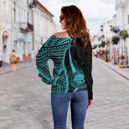 Federated States of Micronesia Custom Personalised Women Off Shoulder Sweater - Turquoise Polynesian Tentacle Tribal Pattern