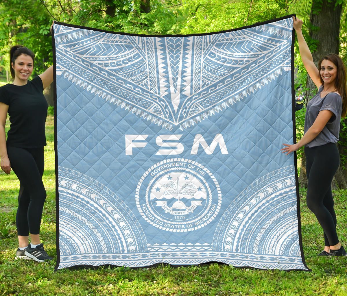 Federated States Of Micronesia Premium Quilt - FSM Seal Polynesian Chief Light Blue Version