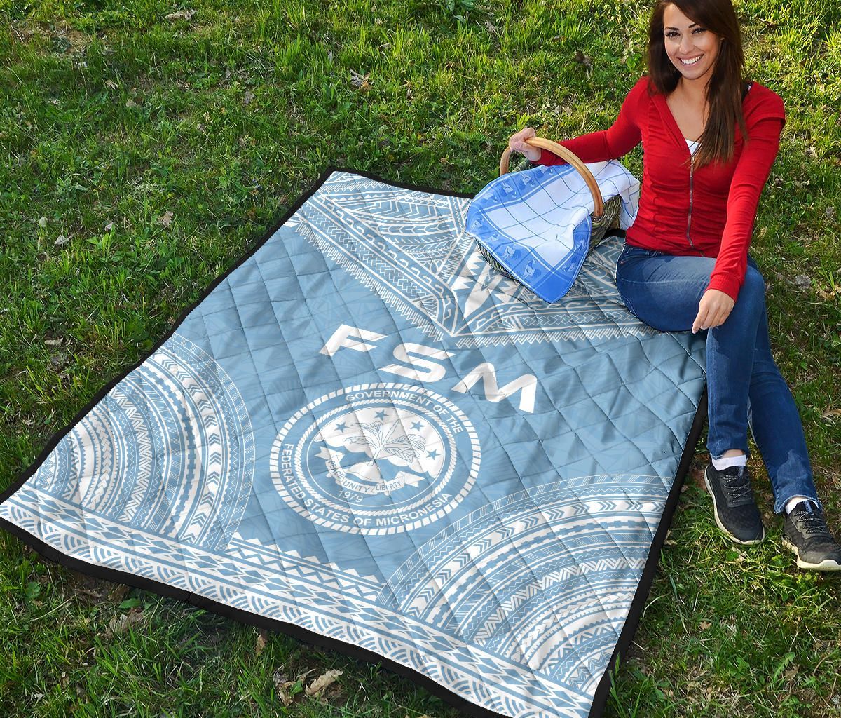 Federated States Of Micronesia Premium Quilt - FSM Seal Polynesian Chief Light Blue Version