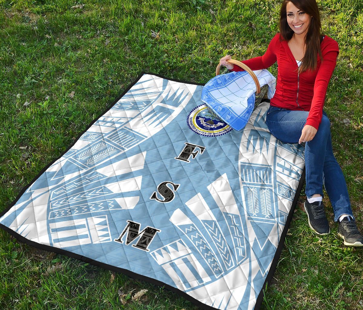 Federated States Of Micronesia Premium Quilt - Federated States Of Micronesia Seal Polynesian White Tattoo (Blue)