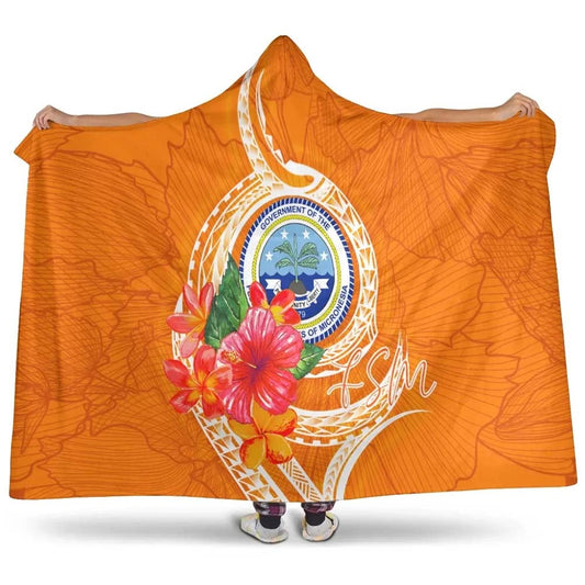 Federated States Of Micronesia Hooded Blanket - Orange Floral With Seal