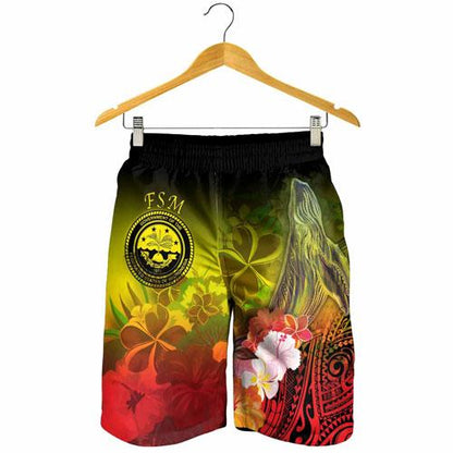 Federated States of Micronesia Men Shorts - Humpback Whale with Tropical Flowers (Yellow)