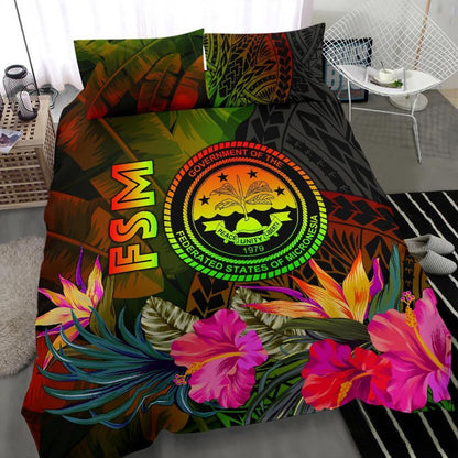 Federated States Of Micronesia Polynesian Bedding Set - Hibiscus And Banana Leaves