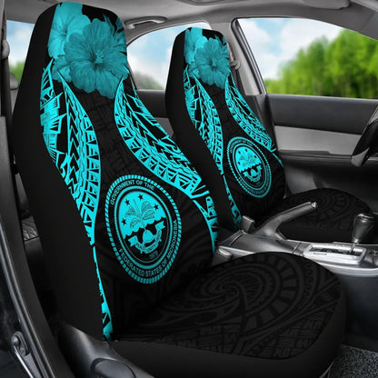 Federated States Of Micronesia Polynesian Car Seat Covers Pride Seal And Hibiscus Neon Blue