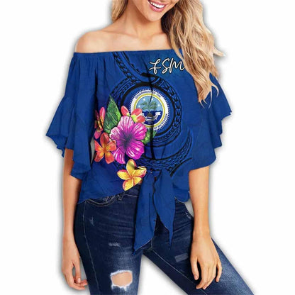 Federated States Of Micronesia Polynesian Off Shoulder Wrap Waist Top - Floral With Seal Blue