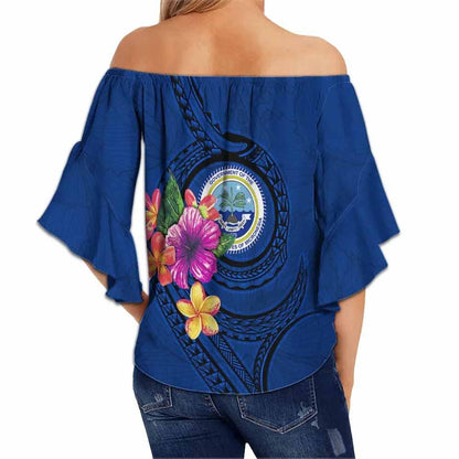 Federated States Of Micronesia Polynesian Off Shoulder Wrap Waist Top - Floral With Seal Blue