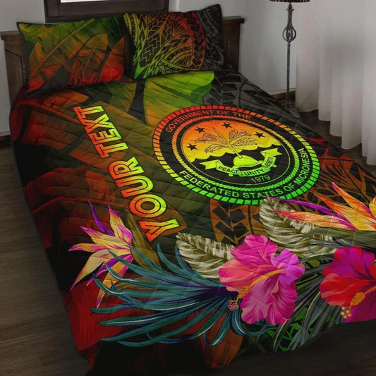 Federated States of Micronesia Polynesian Personalised Quilt Bed Set - Hibiscus and Banana Leaves