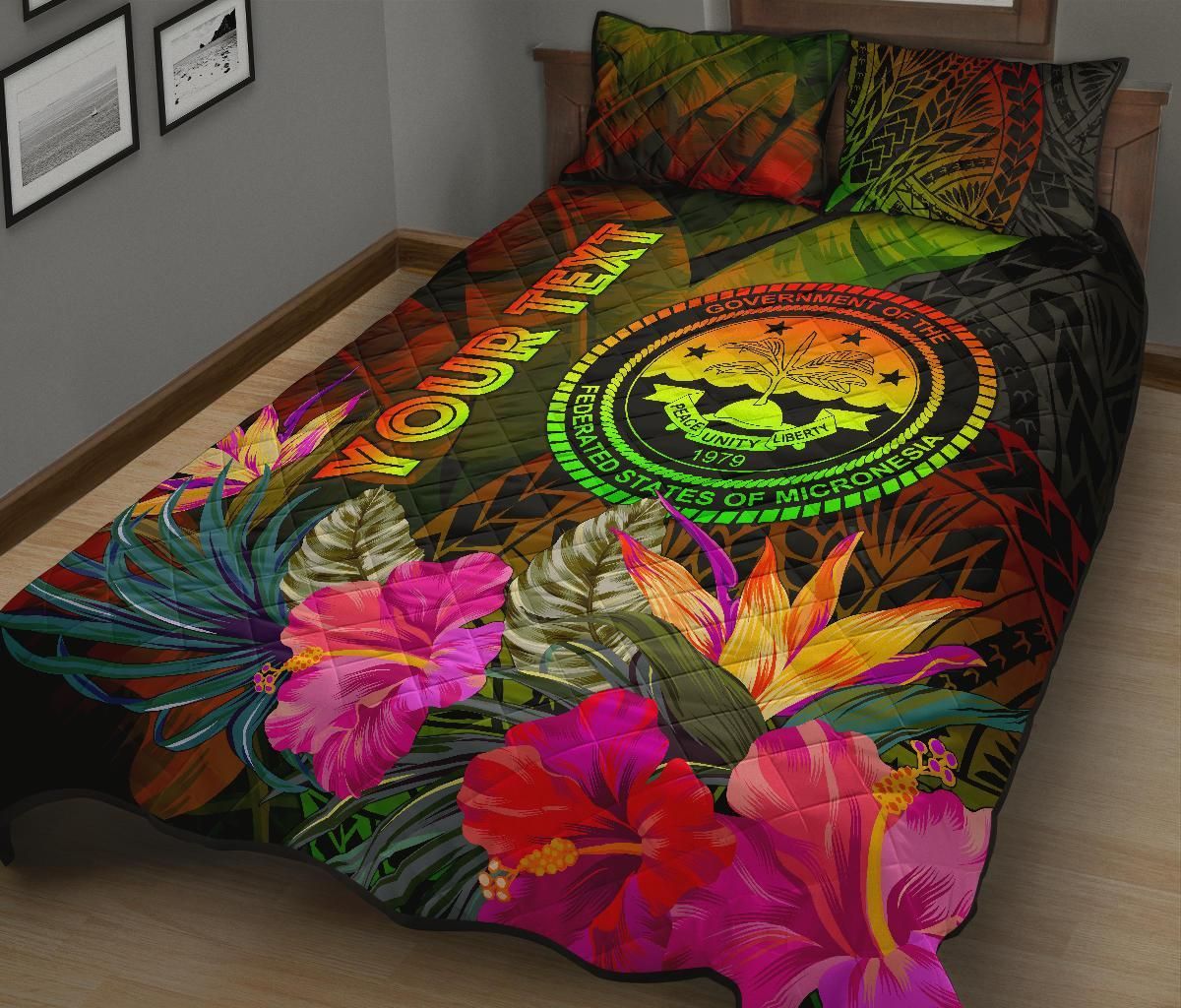 Federated States of Micronesia Polynesian Personalised Quilt Bed Set - Hibiscus and Banana Leaves